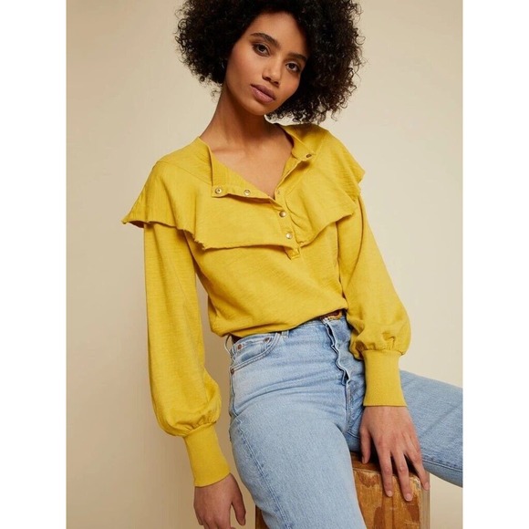 Nation LTD - Christa Ruffle Sweatshirt Blouse in Honeycomb /yellow Mustard Sz M - Picture 1 of 11